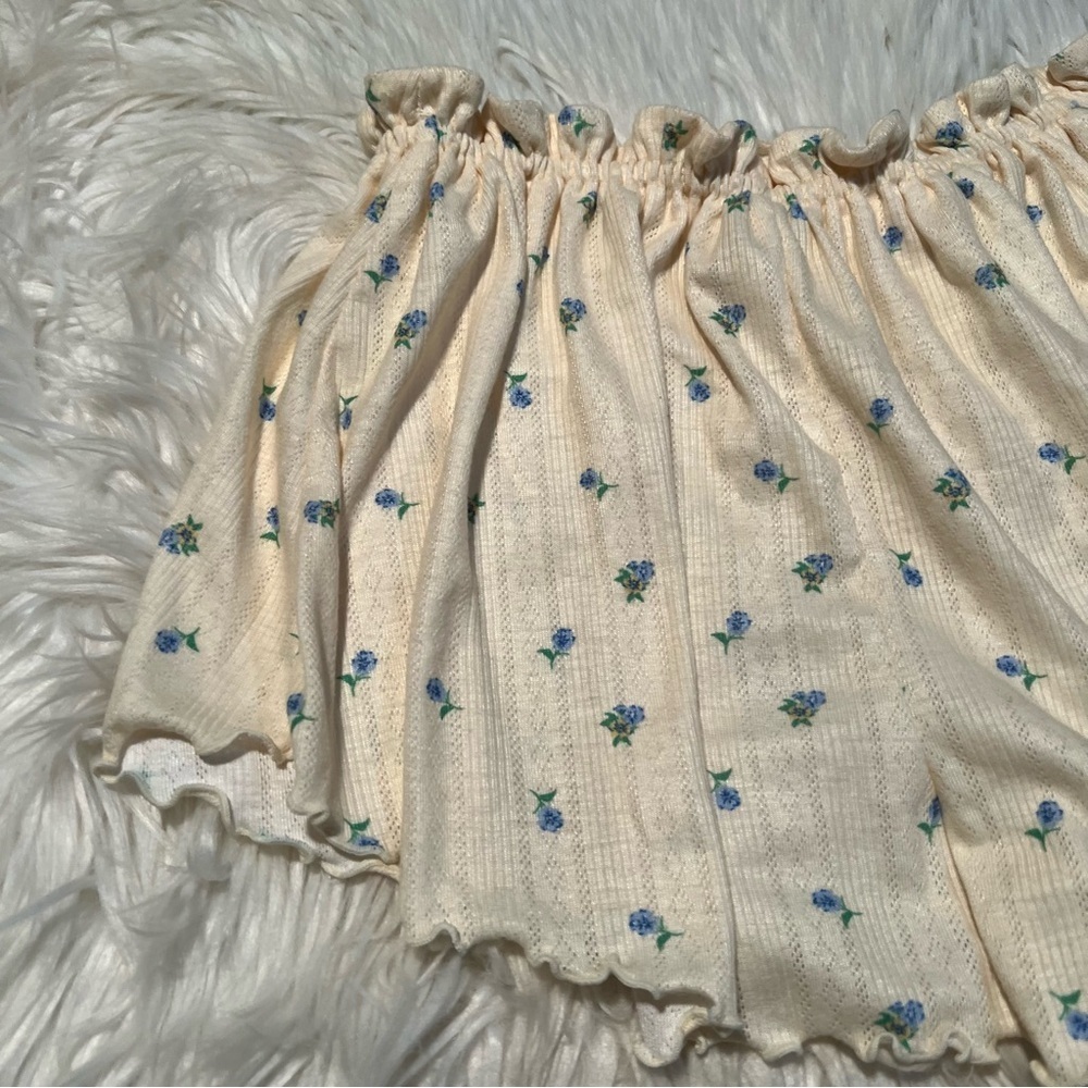 For Love & Lemons Women's Size Medium Pointelle Shorts Butter Yellow Blue Floral - Picture 7 of 10